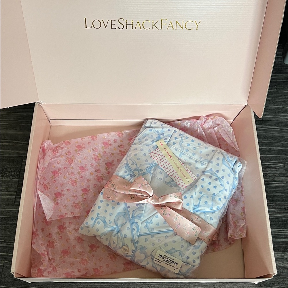 LoveShackFancy x Roller Rabbit Blue Luna Bow Hearts Polo Long Sleeve Pajamas - Picture 2 of 11